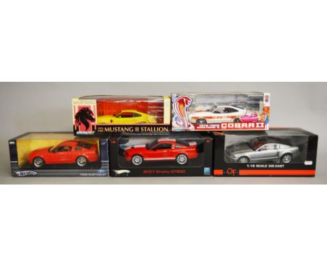 Five 1:18 scale diecast model cars: Mattel Hot Wheels Elite J2913-0510 2007 Ford Shelby GT500; Mattel Hot Wheels G7157 Ford M
