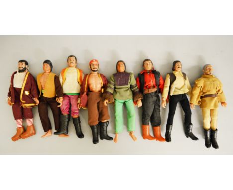 Mego Heroes of the American West and World's Greatest Super Pirates action figures: Buffalo Bill; Sitting Bull; Wild Bill Hic