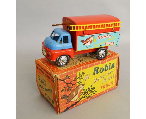 A boxed Welsotoys #708 'Robin Paint and Poster Truck' model of tinplate and plastic construction, based on the Bedford 'S-typ