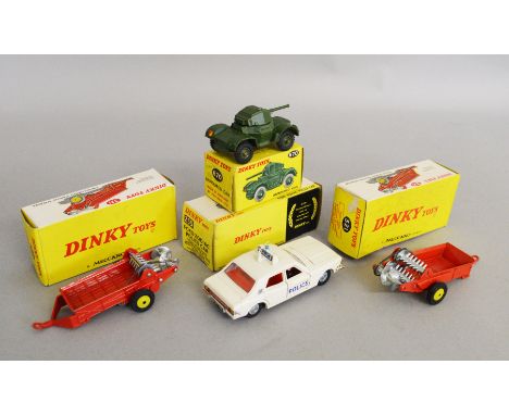 Four boxed Dinky Toys diecast models, 255 Ford Zodiac Police Car,  2 x 321 MH Manure Spreader, both late versions of this mod