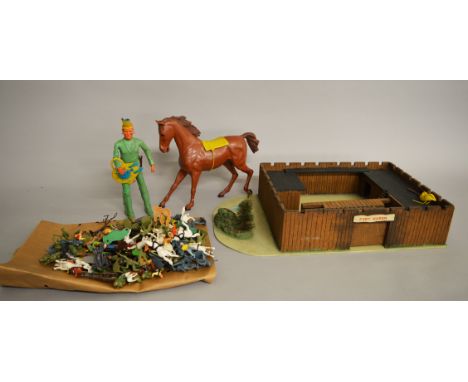 Mixed lot: Marx Best of the West Indian with horse; Binbak Models Fort Huron wooden fort; quantity of plastic soldiers includ