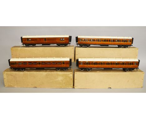 O Gauge. A rake of four individually boxed  Milbro LNER Teak Coaches comprising 1st Class '3789', 3rd Class Corridor Coaches 