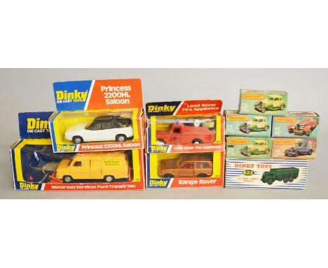 Five boxed Dinky Toys diecast models, 622 10 ton Army Truck (in Hudson Dobson box), 123 Princess 2200HL, 192 Range Rover, 282