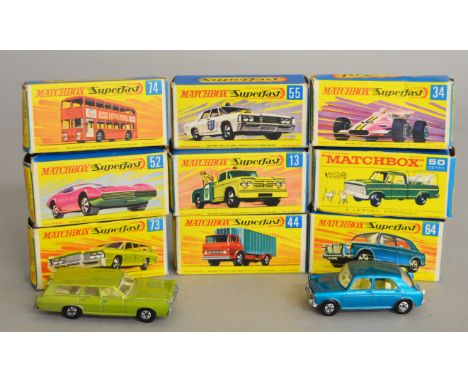 Nine boxed Matchbox diecast models from the 1-75  'Superfast' range, 13 Dodge Wreck Truck, 34, 44, 50 kennel Truck, 52, 55 Po