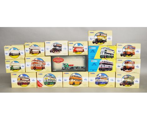 17 x Corgi diecast models, mostly Classics, including vintage buses and a Vintage Glory of Steam Sentinel Platform Wagon. Box