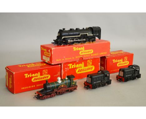 OO Gauge. Four boxed Tri-ang Locomotives, 2 x R.253 0-4-0 Dock Shunters, one in lidded box, R.354 'Lord of the Isles' GWR Loc