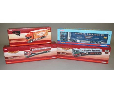 Four Corgi 1:50 scale lorries; DAF CF Curtainside CC13603, Scania 111 Tandom Axle Box Van Montgomery Transport CC15301, Scani