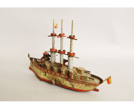 An unboxed vintage tinplate clockwork Battleship model, although unmarked as such,  possibly by OROBR (Germany), approximatel