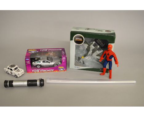 A mixed lot: Mego World's Greatest Superheros Spider-man; Welly Back to the Future Delorean diecast model; Oxford Aviation di