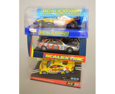 Three slot cars: Scalextric C2002 Audi A4; Scalextric C2864 Renault F1 2008; SCX 60820 Audi TT-R. Boxed and E. (3)