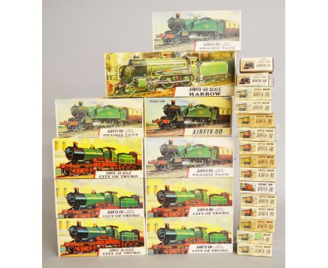 Twenty five boxed vintage Airfix OO scale railway related Model Kits including 12 Cattle Wagon, 2 x 0-4-0 Saddle Tank, Brake 