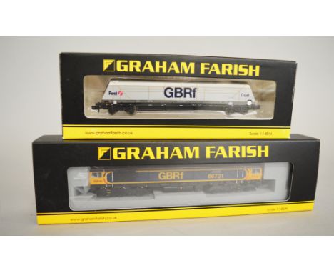 N Gauge. A boxed Graham Farish 371-396 Class 66 Diesel Locomotive 66731 GBRF  'InterhubGB' model together with a GF 377-577 H