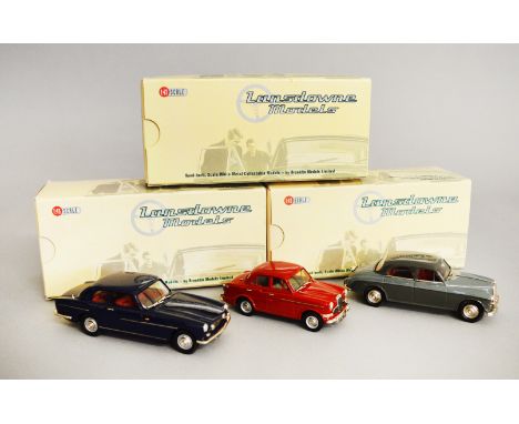 Three Lansdowne (Brooklin) 1:43 scale model cars: 80 Bristol 411 Series II 1972 in dark blue; 77 Riley One-Point-Five Saloon 