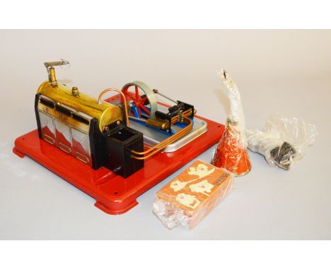 An unboxed Griffin &amp; George Stationary Double Drive Static Steam Engine with chimney, a used can of Berkels Fluid and a p