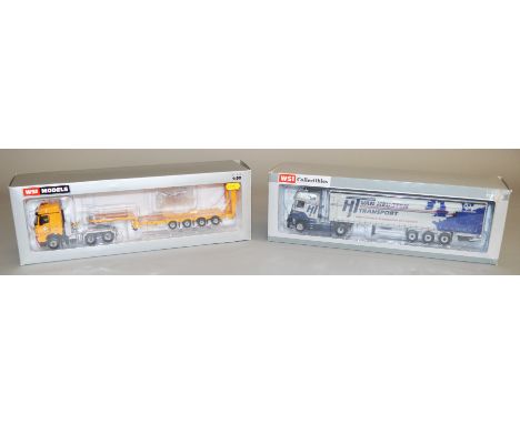 Two WSI Models 1:50 scale diecast model trucks: 01-1554 Van Heugten Transport DAF XF Super Space Cab with Curtainside Trailer