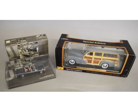 Two diecast models: Minichamps Presidential Series #1 The Kennedy Car 1:43 scale; Maisto 1:18 scale 1948 Chevrolet Fleetmaste