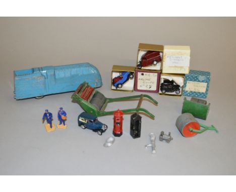 A small quantity of unboxed vintage diecast and kit built models including a Dinky Toys Lawn Mower and Garden  Roller togethe