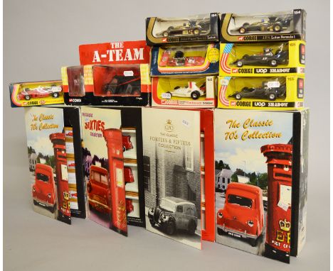 Seven boxed vintage Corgi diecast Racing Car models including  2 x #154 Lotus JPS, 2 x #155 UOP Shadow, 156 Embassy Shadow an