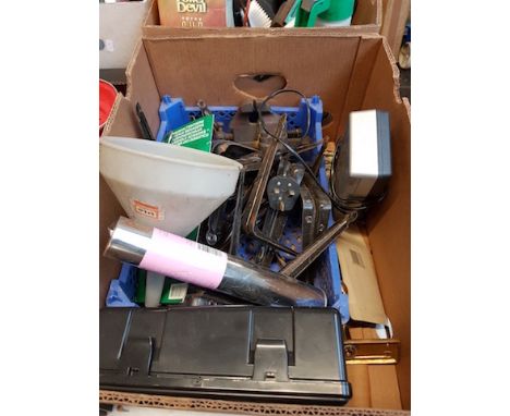 BOX INCLUDING ANGLE BRACKETS, SMALL VICE, BOXED FIRST AID KIT 