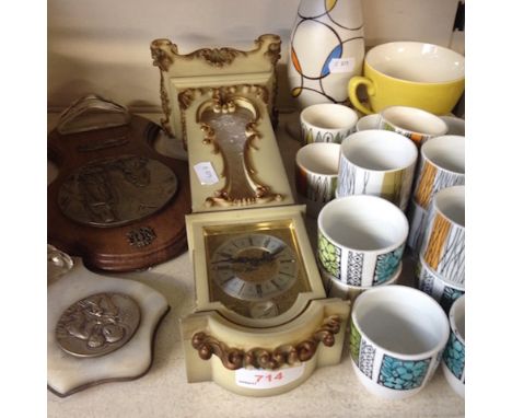 MINIATURE LONGCASE CLOCK, MEDALLIONS AND RETRO EGG CUPS ETC
