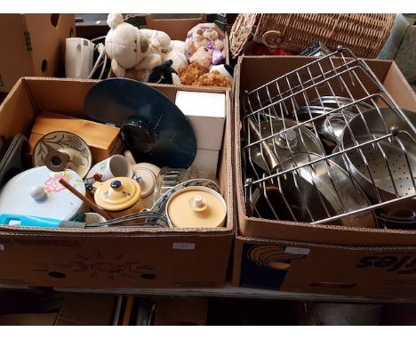 2 BOXES OF KITCHEN ITEMS, PANS, MUGS, CLOCK ETC.
