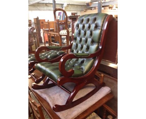 GREEN BUTTON LEATHER AND WOOD FRAME ROCKING CHAIR. W57CM CONDITION REPORT - very good, no damage/repair, little/no wear.