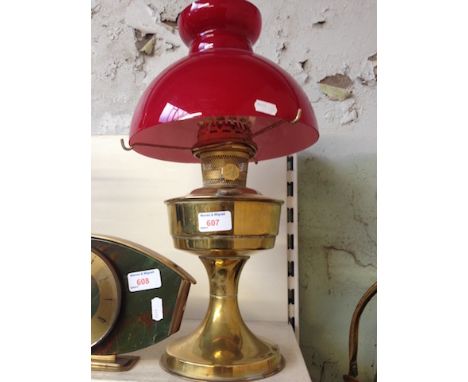 BRASS OIL LAMP WITH GLASS SHADE. 63CM     D5