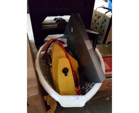 A CRATE CONTAINING PLAYSTATION CONSOLE, BATTERY JUMP STARTER, ETC