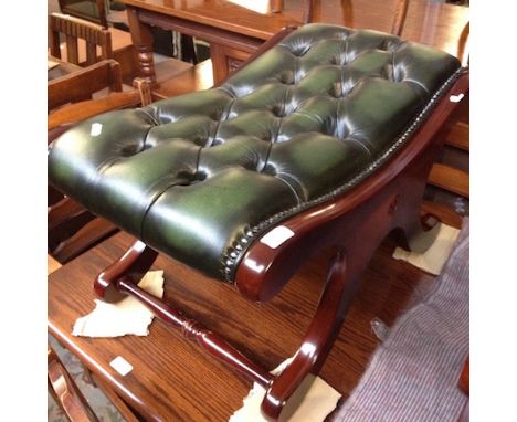 GREEN BUTTON LEATHER AND WOOD FRAME STOOL. L70CM CONDITION REPORT - very good, no damage/repair, little/no wear.