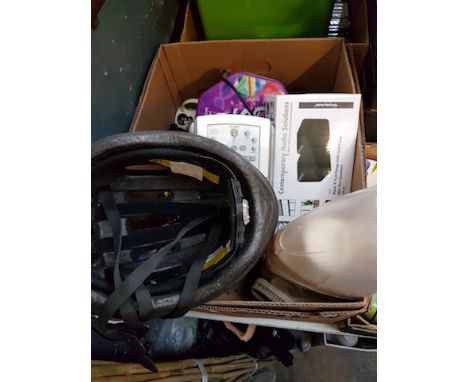 BOX CONTAINING BIKE HELMET, BOXED MINI SPEAKERS, CD PLAYER