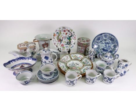 A Japanese Blue Danube pattern part tea and dinner service, 15 pieces, reproduction Chinese blue and white, 9 pieces, five ot