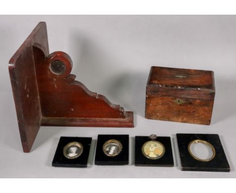 A late Victorian mahogany clock bracket, with shaped support, 30.5cm wide, a Victorian rosewood and banded tea caddy, 19cm wi