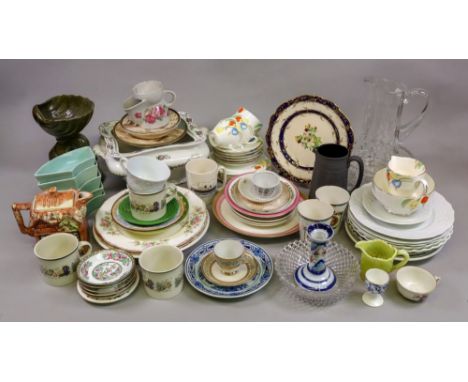 A Taylor and Kent Art Deco floral painted part tea service, Wedgwood black basalt jug and miscellaneous other ceramics and gl