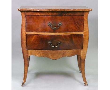 A Louis XV style faux walnut commode, of bombe form, fitted with two drawers, having a shaped apron, on splayed legs, 68cm wi