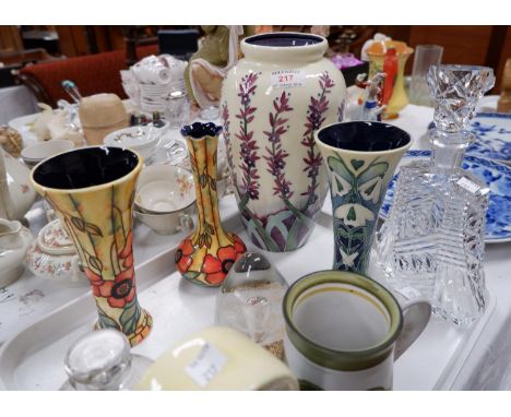 Four Moorcroft style "Old Tupton" vases and a mantel clock; a cut decanter; German porcelain teaware; etc. 