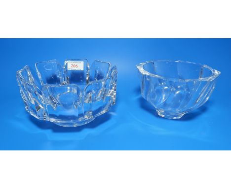 A spiral ribbed glass bowl by Orrefors, diameter 6.5"; a Scandinavian glass bowl with toothed rim, diameter 7.5" 