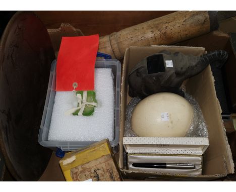 A 1th century boot last; a radium glass item, boxed; an ostrich egg; Parker pens; etc. 