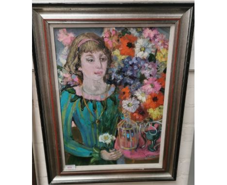 Freida Marion Scott:  half length portrait of a young woman with vase of flowers, signed, oil on board, 21" x 14", framed and