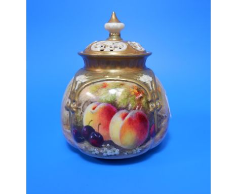 A Royal Worcester small squat covered vase with pierced lid, hand painted with fruit, signed 'Ricketts', height 5" (lid repai