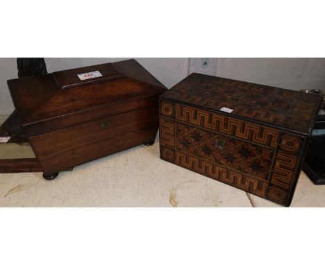 A 19th century mahogany sarcophagus tea caddy; a Tunbridgeware tea caddy 