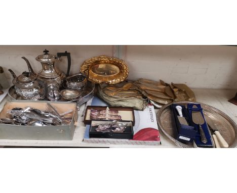 An EPNS tray; an EPNS 4 piece tea service; a gilt set of cutlery; stainless steel, silver plated cutlery; etc. 