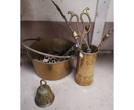 A brass jam pan; a shell case; a monks' bell; a cider measure; etc.; a barometer 