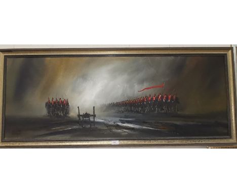 John Bampfield:  oil on canvas, Charge of the Light Brigade, signed, 45 x 12 cm, framed 