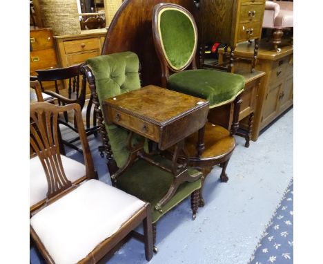 A reproduction walnut sofa table, a 19th century prayer chair with barley twist columns, a 1930s occasional table, and a ball