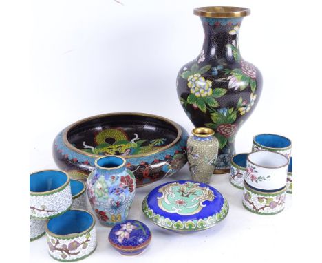 Large quantity of various Oriental cloisonne enamel items, including vase, bowl, napkin rings and boxes 