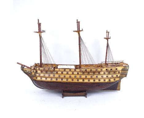 Replica of Santissima Trinidad, first rate ship of the line, Spanish flagship at Trafalgar, handmade model ship on stand, len