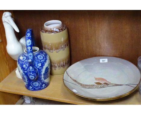 A ceramic pelican, 35.5cm, and Oriental tea kettle, a Continental vase, and a Butley Pottery dish 