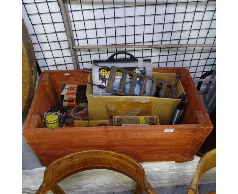 A box of miscellaneous tools, a dog guard, vintage automobile/bicycle items, etc 