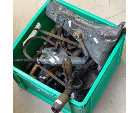 Various Vintage tools, including Rawlplug mechanical hammer, chisels, vice etc (boxful) 