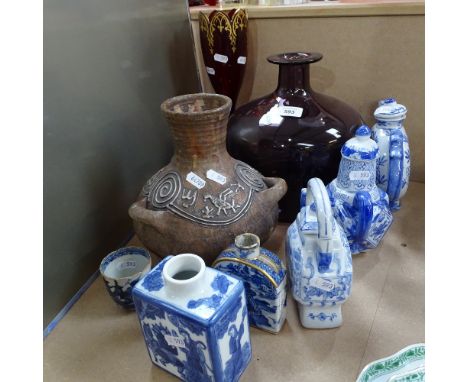 Amethyst glass pot, height 24.5cm, ruby glass vase, Oriental teapots and caddy, and a pottery vase 